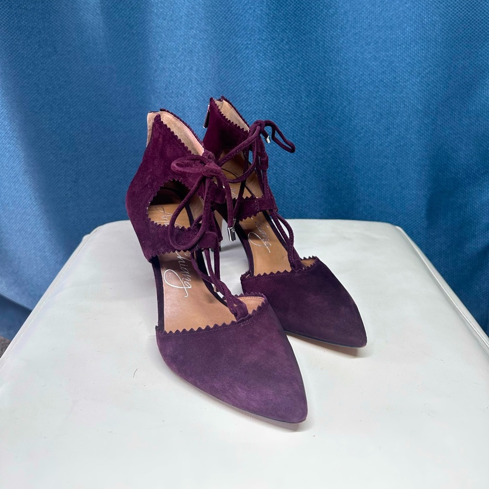 ARTURO CHIANG deep purple suede pointed toe stiletto heels with cross cross ties